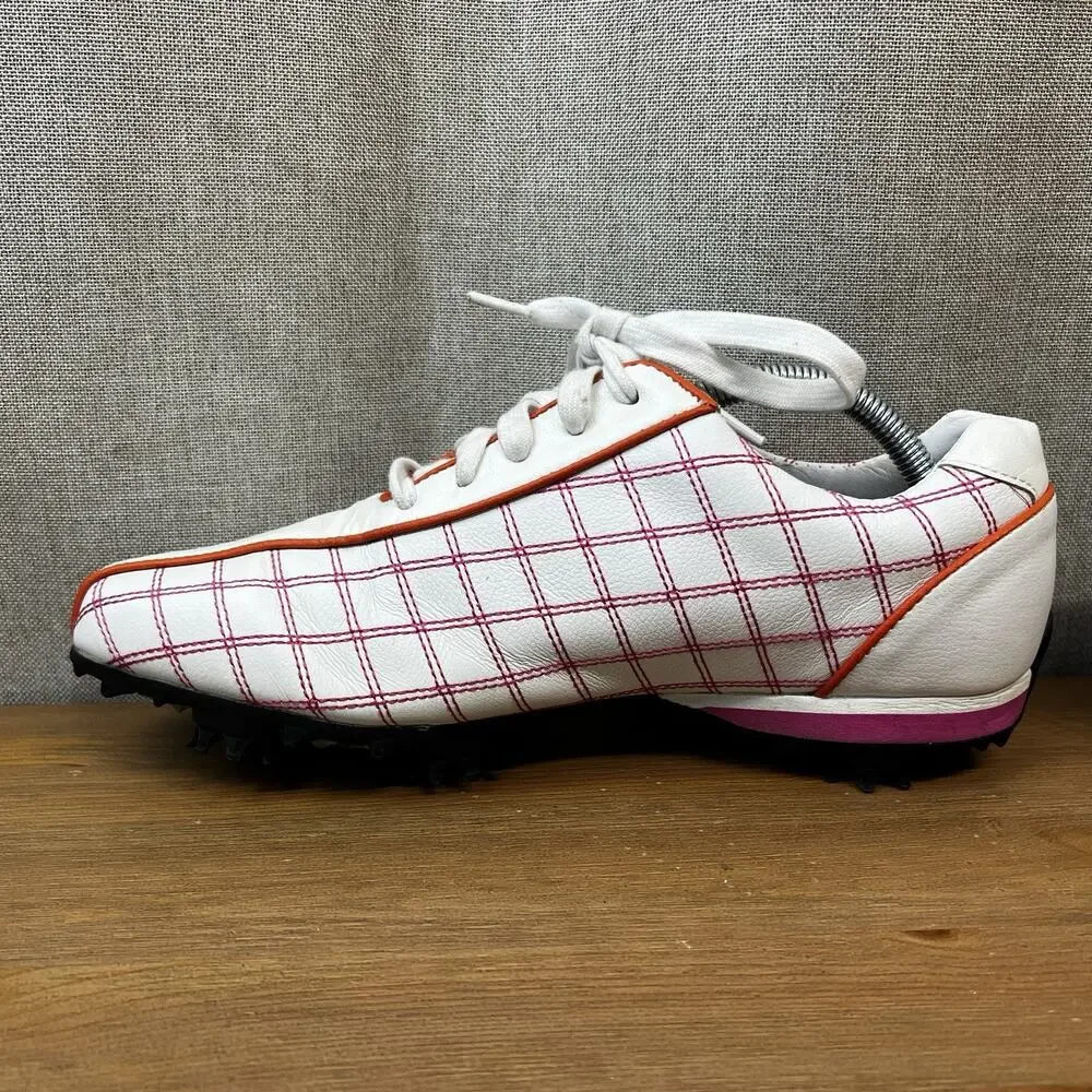Footjoy Golf Shoes Women’s 8M Pink Plaid Orange Cleats 97222 Lace Up Spikes